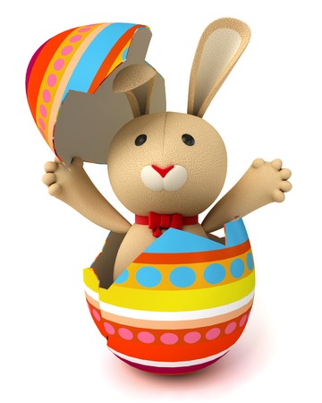 Cute funny toy rabbit hatches from the Easter egg. Isolated on white background. 3d renderの写真素材