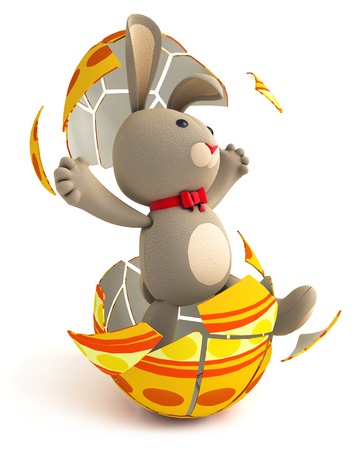 Happy Easter. Cute funny teddy bunny hatches from the Easter egg. Isolated on white background. 3d renderの写真素材