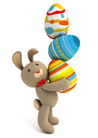 Happy Easter. Cute funny toy bunny holding in the paws a lot of Easter eggs. Isolated on white background. 3d renderの写真素材