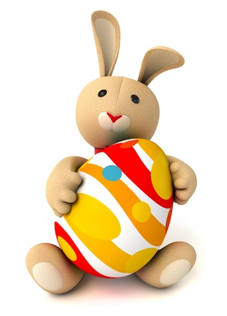 Cute funny toy bunny holding in the paws of a large Easter egg. Isolated on white background. 3d renderの写真素材