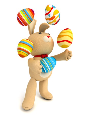 Happy Easter. Funny teddy rabbit juggling easter eggs. Isolated on white background. 3d renderの写真素材