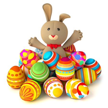 Happy Easter. Funny rabbit jumps out from a pile of Easter eggs. Conceptual illustration. Isolated on white background. 3d renderの写真素材