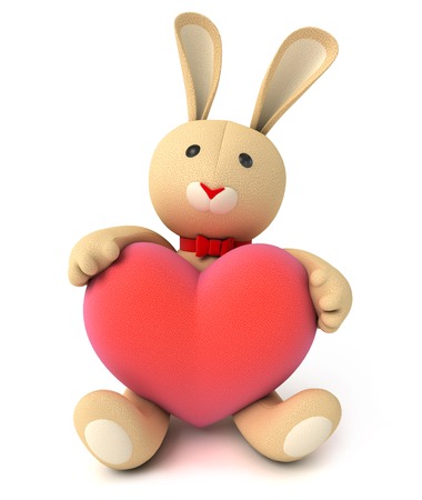 Toy teddy bunny holding a big heart. Congratulation to wedding or Valentine's Day. Isolated on white background. 3d renderの写真素材