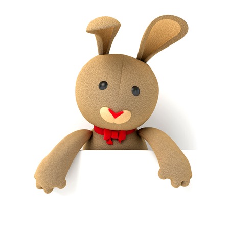 Toy teddy bunny holding blank board. Isolated on white background. 3d renderの写真素材