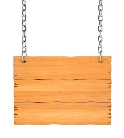 Close up of a wooden sign with chain. Isolated on white background. 3d renderの写真素材