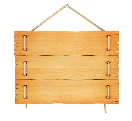 Close up of an empty wooden sign hanging on a rope. Isolated on white background. 3d renderの写真素材