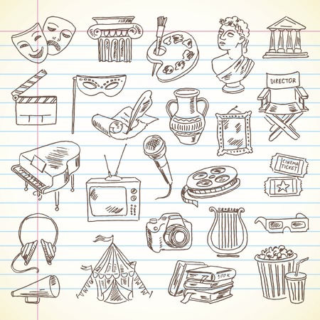 Freehand drawing Culture and Art items on a sheet of exercise book. のイラスト素材
