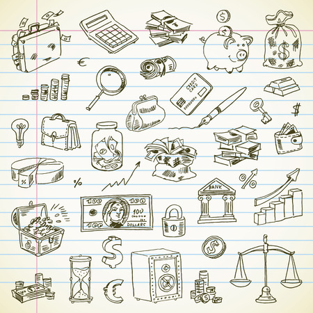 Freehand drawing Business and Finance items on a sheet of exercise book. のイラスト素材