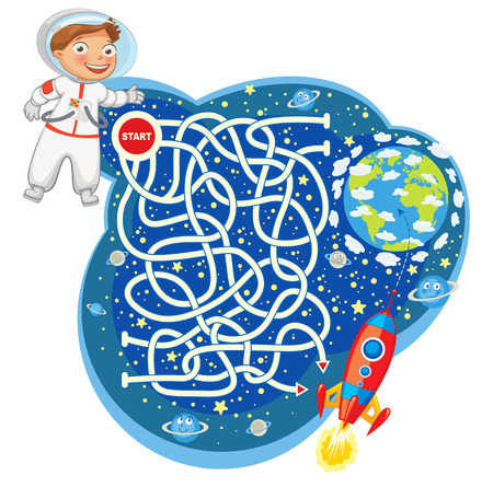 Help the astronaut reach the spaceship and go to the planet earth.のイラスト素材