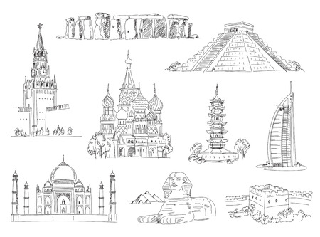 Attractions of the world. Freehand drawing. Vector illustration. Isolated on white backgroundのイラスト素材