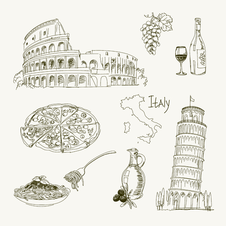 Freehand drawing Italy items on a sheet of exercise book. Leaning Tower of Pisa. Coliseum. Vector illustration. Isolated on white backgroundのイラスト素材