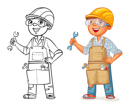 Construction worker in uniform standing with a wrench in his hands. Funny cartoon character. Vector illustration. Isolated on white background. Coloring book. Color and black and white imageのイラスト素材