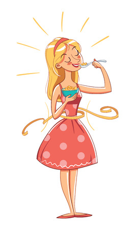 Healthy food. Slim girl eating cereals. Weight Loss. Funny cartoon character. Vector illustration. Isolated on white backgroundのイラスト素材