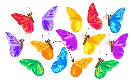 Find a second wing for a butterfly. Children puzzle game. Funny cartoon character. Vector illustration. Isolated on white backgroundのイラスト素材
