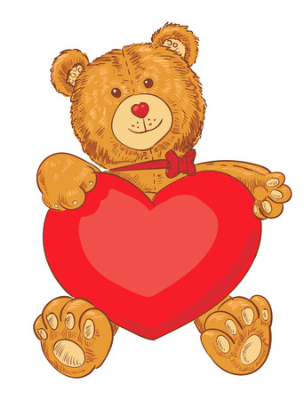Toy teddy bear holding a heart. Funny cartoon character. Vector illustration. Isolated on white backgroundのイラスト素材