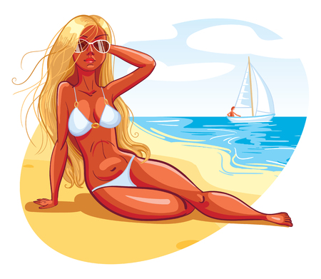 The girl sunbathes on the beach. Funny cartoon character. Vector illustration. Isolated on white background The girl sunbathes on the beach. Funny cartoon character. Vector illustration. Isolated on white background