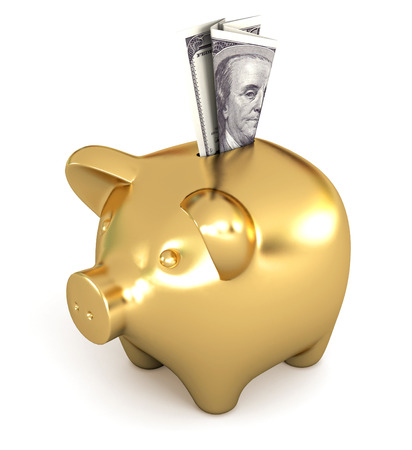 Putting dollar in golden piggy bank. Conceptual illustration. Isolated on white background. 3d renderの写真素材