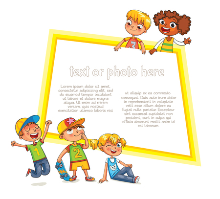 Template for advertising brochure. Ready for your message. Children look up with interest. Kid pointing at a blank template. Funny cartoon character. Vector illustration. Isolated on white backgroundのイラスト素材