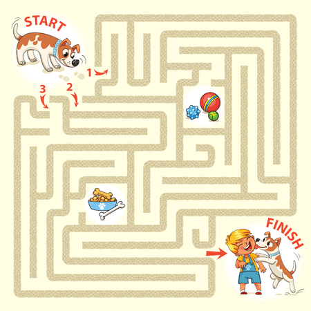 Help the dog to find the right way and hug the owner. Maze Game with Solution. Tangled lines. Funny cartoon character. Vector illustrationのイラスト素材