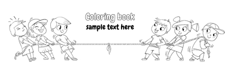 Children pull the rope. Kids playing tug of war. Funny cartoon character. Vector illustration. Coloring book. Isolated on white backgroundのイラスト素材