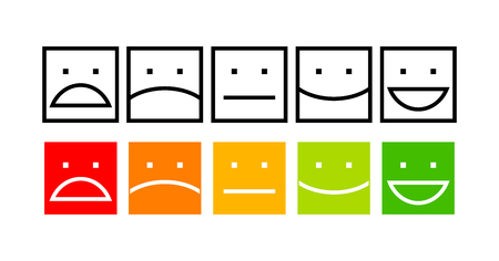 Iconic illustration of satisfaction level. Range to assess the emotions of your content. Excellent, good, normal, bad, awful. Vector illustration. Isolated on white backgroundのイラスト素材