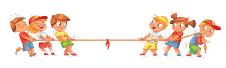 Children pull the rope. Kids playing tug of war. Funny cartoon character. Vector illustration. Isolated on white backgroundのイラスト素材