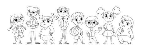 Cute variety of children standing in a row. Vector illustration. Funny cartoon character. Isolated on white background. Coloring bookのイラスト素材