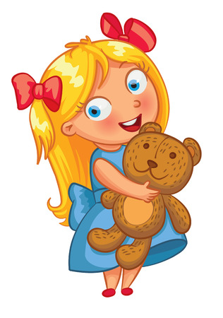 Little girl hugging the teddy bear. Funny cartoon character. Vector illustration. Isolated on white backgroundのイラスト素材