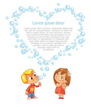 The boy swindled heart from bubbles. Advertising brochure for Valentine's Day. Funny cartoon character. Lorem ipsum. Vector illustration. Isolated on white backgroundのイラスト素材