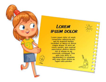Schoolgirl pointing at a poster. Ready for your message. Colorful template for advertising brochure with a cute happy girl. Funny cartoon character. Vector illustration. Isolated on white backgroundのイラスト素材