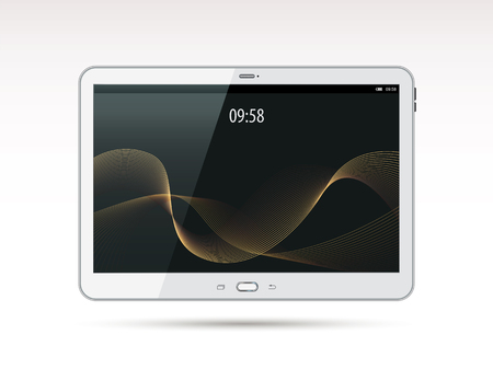 Realistic white tablet pc computer. With waves on screen. Vector illustration. Isolated on white background. Front view. Top view. Close up.のイラスト素材