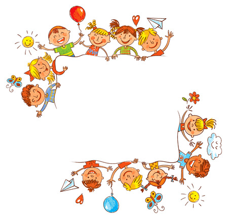 Group of children with blank white board. Ready for your message. In the style of children's drawings. Freehand drawing. Vector illustration. Isolated on white backgroundのイラスト素材