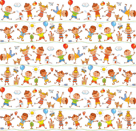 Seamless ornamental pattern for kids, web sites, textile industry, magazines. In the style of children's drawings. Freehand drawing. Vector illustration. Isolated on white backgroundのイラスト素材
