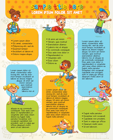 Little kid lying on her stomach and making drawing on paper. Colorful template for advertising brochure with cute children. Space for text. Infographic. Funny cartoon character. Vector illustrationのイラスト素材