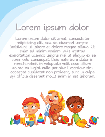 Playground. Colorful template for advertising brochure. Ready for your message. Children look up with interest. Kid pointing at a blank template. Funny cartoon character. Vector illustrationのイラスト素材