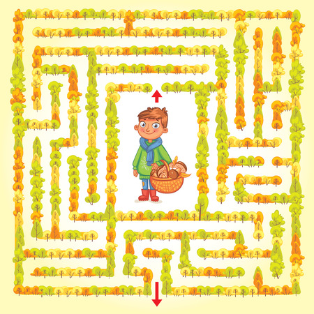 Help the boy find a way out of the woods. Maze Game with Solution. Funny cartoon character. Tangled lines. Vector illustrationのイラスト素材