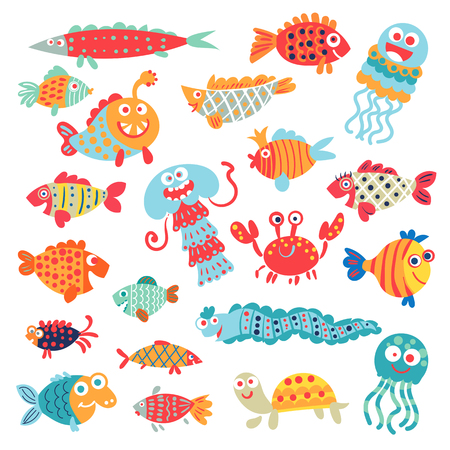 Cute flat fish. A set of flat little animals for children's ornament. Funny cartoon character. Vector illustration. Isolated on white backgroundのイラスト素材