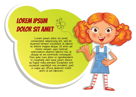 Schoolgirl pointing at a poster. Ready for your message. Colorful template for advertising brochure with a cute happy girl. Funny cartoon character. Vector illustration. Isolated on white backgroundのイラスト素材