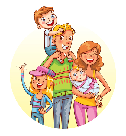 My big family together. Family portrait. Placed in a circle. Funny cartoon character. Vector illustration, isolated on white background.のイラスト素材
