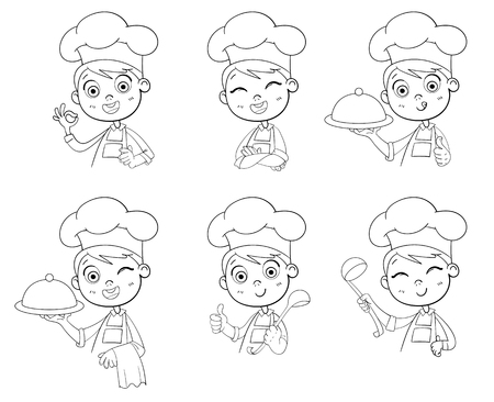 Happy smiling cook. Collection of chef child portraits in different situations.のイラスト素材