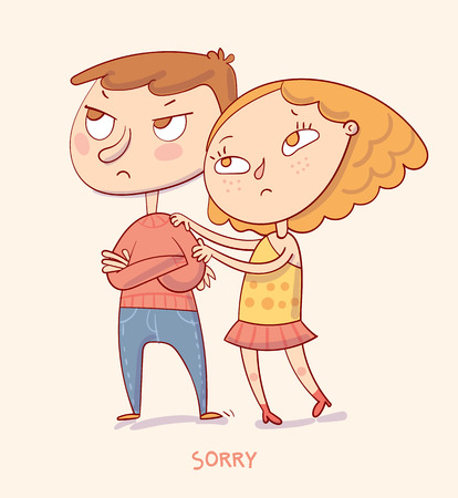 Sorry. Girl trying to apologize say sorry to her boyfriend. Funny cartoon character.のイラスト素材