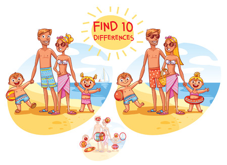 Find the 10 differences. Happy family on vacation. Summer recreation. Funny cartoon character. Vector illustration, isolated on white background.のイラスト素材