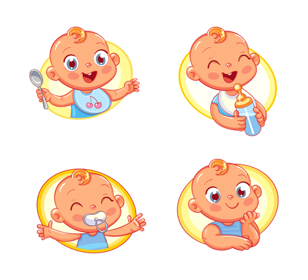 Happy smiling newborn boy or girl. Collection of toddler portraits in different situations. Icon design template for baby food and kids hygiene products and children's store.のイラスト素材