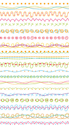 Ornamental doodle border. Seamless ornamental pattern for kids. In the style of children's drawings. Decorative design elements. Ribbons, dividers, borders set. Hand drawn lines collection.のイラスト素材