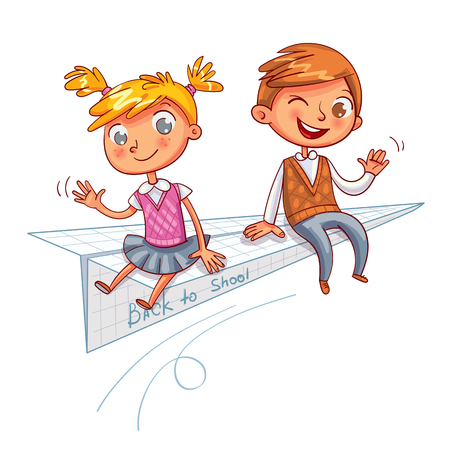 A schoolboy and a schoolgirl are flying on a paper airplane. Back to school. Funny cartoon character. Vector illustration, isolated on white background.のイラスト素材