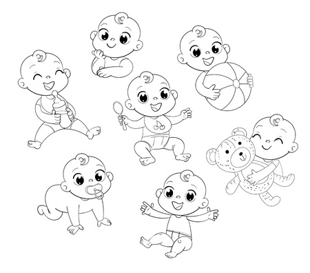 Happy smiling newborn boy or girl in different situations. Set with cute little baby in diaper. Funny cartoon character. Vector illustration, isolated on white background.のイラスト素材