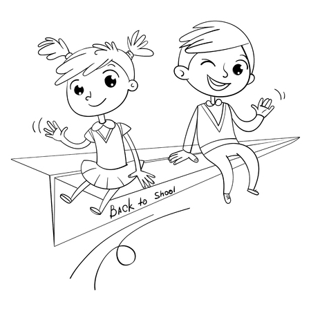 A schoolboy and a schoolgirl are flying on a paper airplane. Back to school. Funny cartoon character. Vector illustration, isolated on white background.のイラスト素材