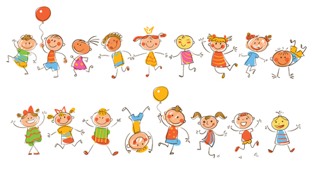 Cute happy kids. In the style of children's drawings. Funny cartoon character. Vector illustration, isolated on white background.のイラスト素材