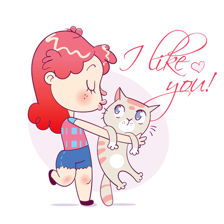 Cartoon happy girl kissing and strongly cuddling cat. Funny cartoon character.のイラスト素材