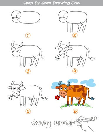 Drawing tutorial illustration. Step by step drawing cow. Easy to drawing cow for children. Funny cartoon character.のイラスト素材